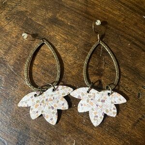 Elegant Gold and Cream Leaf Leather Earrings